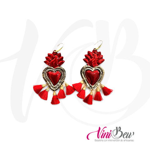 Aretes Corazón de Hojalata con Flor de Tela